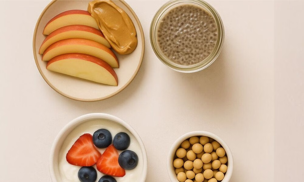 High-protein no-cook foods including apple slices with peanut butter, chia pudding, yogurt with berries, and roasted soybeans displayed on a light background