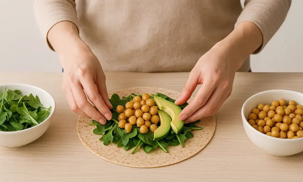 Hands preparing a high-protein no-cook wrap with arugula, chickpeas, and avocado slices on a tortilla