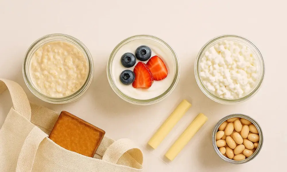 High-protein no-cook foods including overnight oats, yogurt with berries, cottage cheese, cheese sticks, and white beans in jars and bowls