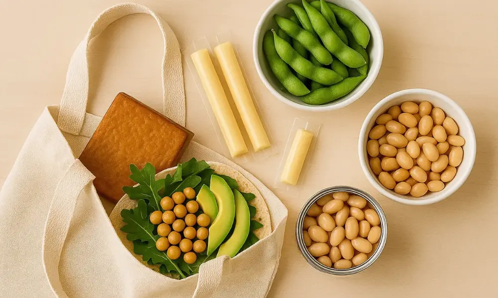 High-protein no-cook foods in a reusable bag including chickpeas, avocado, greens, cheese sticks, edamame, and canned beans arranged for an easy meal