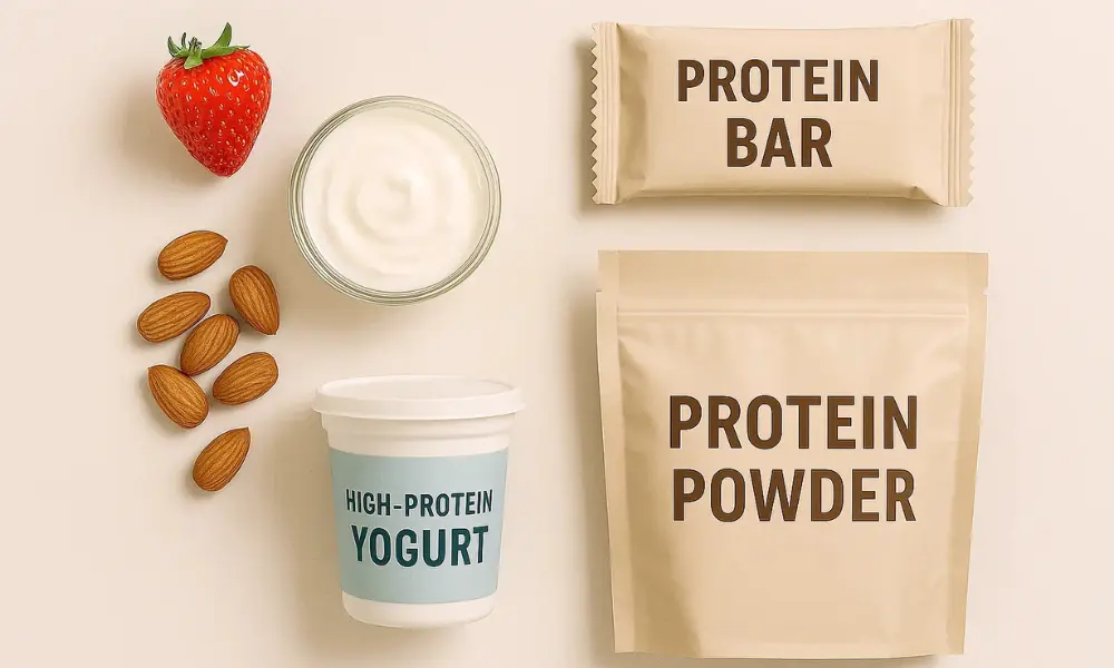 High-protein no-cook foods displayed with protein powder pouch, protein bar, high-protein yogurt, almonds, and a fresh strawberry on a light surface