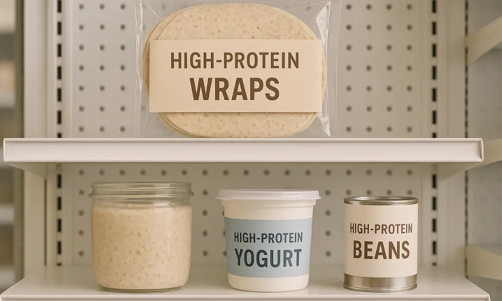High-protein no-cook foods displayed on a shelf, including high-protein wraps, yogurt, canned beans, and overnight oats in a jar