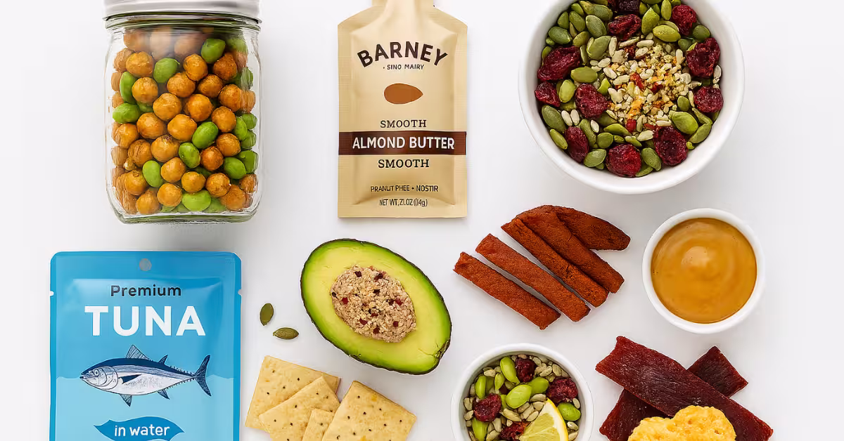 A flat lay of assorted high-protein snacks including a jar of roasted chickpeas and green peas, a pouch of almond butter, a bowl of mixed seeds and dried cranberries, a packet of tuna, half an avocado filled with a nut and cranberry mixture, whole grain crackers, strips of plant-based jerky, a small bowl of peanut butter, and another bowl of mixed seeds with edamame and dried cranberries.