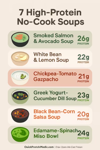 Infographic showing seven high-protein no-cook soups with exact protein per bowl — smoked salmon avocado (26g), white bean lemon (22g), chickpea tomato gazpacho (21g), Greek yogurt cucumber dill (23g), black bean corn salsa (20g), edamame spinach miso (24g), and lentil herb citrus (22g). Clean flat design with bowls, toppings, and protein grams highlighted.