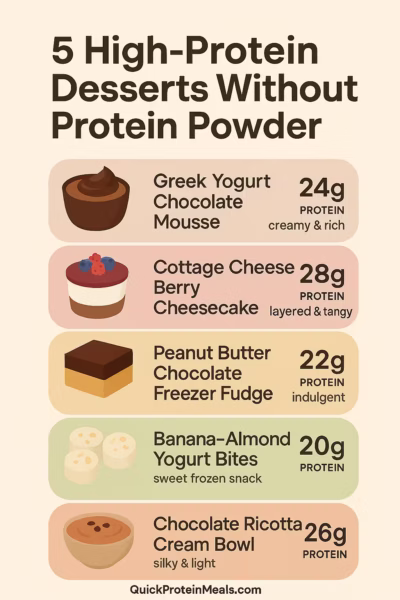 A clean, modern food infographic in pastel cream, chocolate, and berry tones titled “5 High-Protein Desserts Without Protein Powder.” The graphic features five illustrated dessert icons with short text: Greek Yogurt Chocolate Mousse (24g protein, creamy & rich), Cottage Cheese Berry Cheesecake Cups (28g protein, layered & tangy), Peanut Butter Chocolate Freezer Fudge (22g protein, indulgent & filling), Banana–Almond Yogurt Bites (20g protein, sweet frozen snack), and Chocolate Ricotta Cream Bowl (26g protein, silky & light). Footer includes “QuickProteinMeals.com” in small branding text. Designed in a Pinterest-style vertical layout
