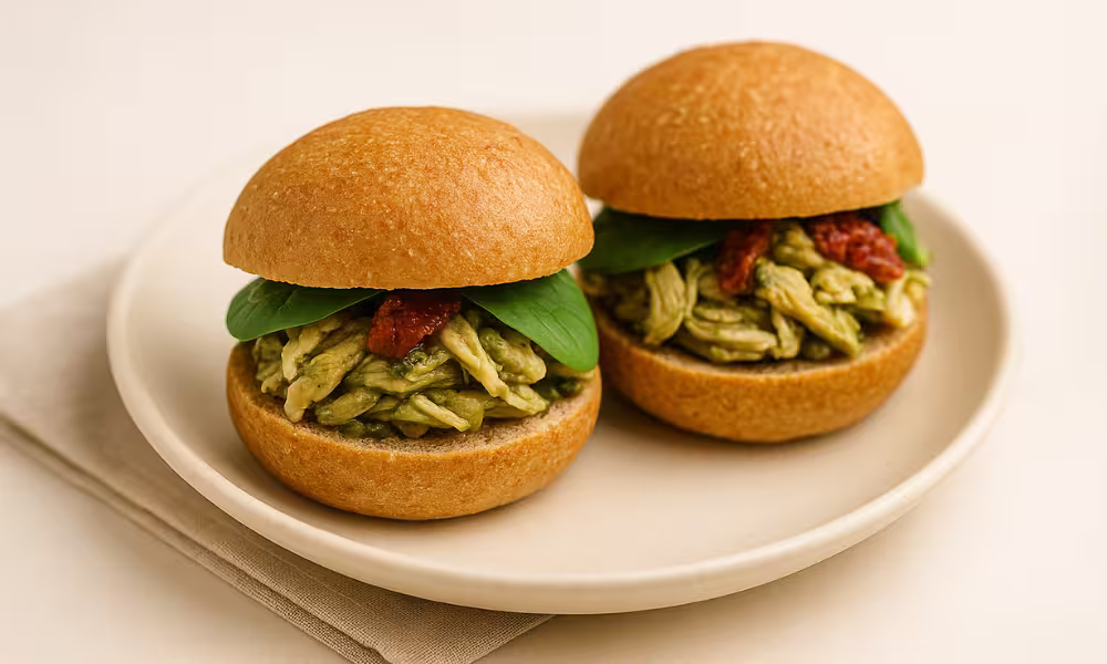 Back-to-school high-protein breakfast sliders made with canned chicken tossed in pesto, sun-dried tomatoes, and baby spinach on mini whole-grain buns.