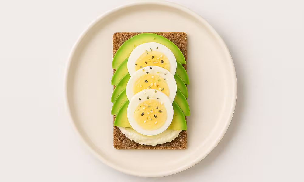 Boiled eggs and avocado stacked on toast for a high-protein no-cook breakfast