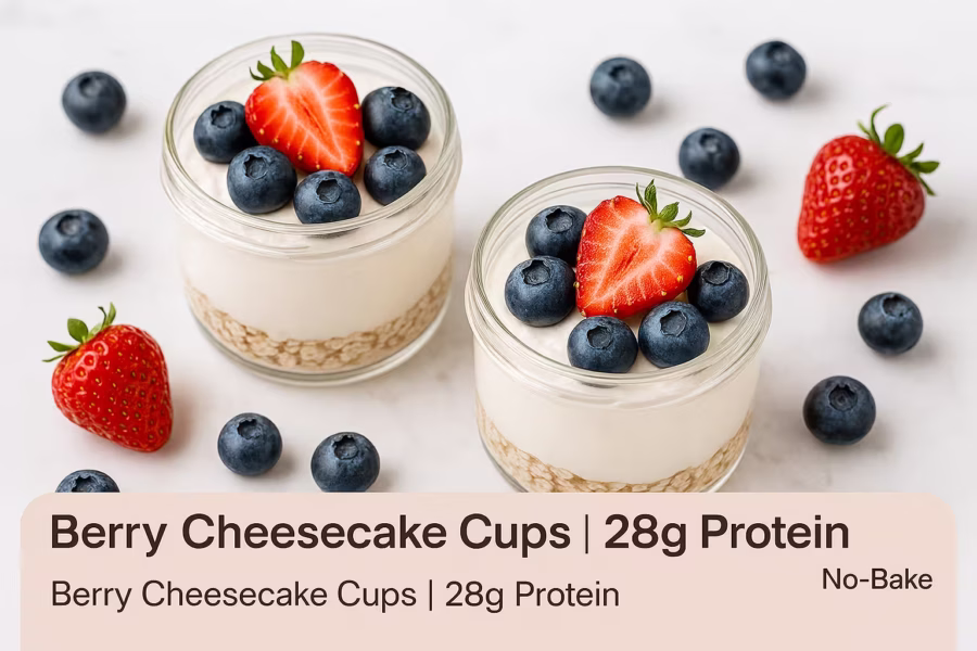 A bright modern flat-lay photo of Cottage Cheese Berry Cheesecake Cups on a white marble background. The layered jars show oats at the bottom, creamy whipped cottage cheese in the middle, and fresh strawberries and blueberries on top. Extra berries are scattered around for detail, creating a fresh and vibrant look. Overlay text in the corner reads: “Berry Cheesecake Cups | 28g Protein | No-Bake.”