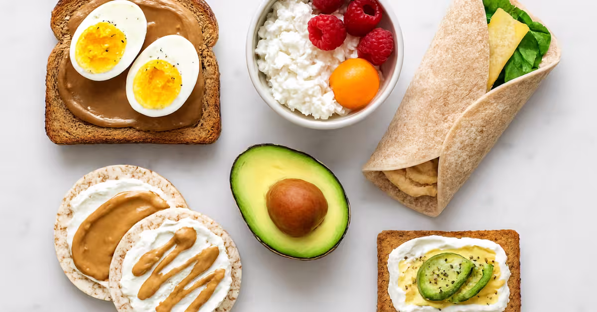 A clean, modern flat-lay of five no-cook, high-protein breakfast items on a white marble surface. Includes almond butter toast topped with boiled eggs, cottage cheese with raspberries and melon, a tofu wrap with hummus and greens, rice cakes with ricotta and nut butter, and an egg-avocado stack. Soft natural lighting and minimalist plating with balanced spacing.