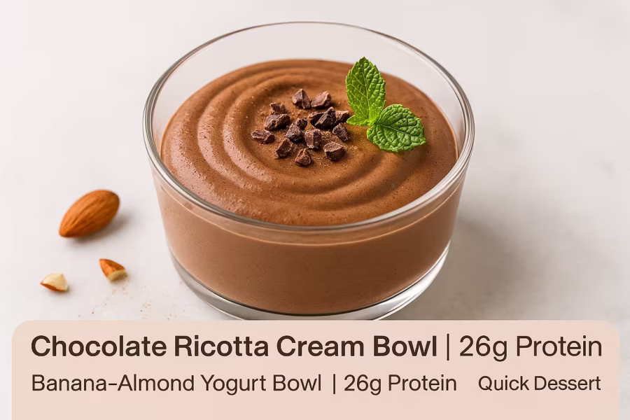 An elegant food photo of a Chocolate Ricotta Cream Bowl, shot at a 45-degree angle. A glass bowl is filled with silky smooth chocolate ricotta cream, topped with crunchy cacao nibs and a fresh mint sprig. The scene is set on a light gray marble surface with soft natural side lighting. The color palette highlights deep chocolate brown with a fresh green accent. Overlay text in the corner reads: “Chocolate Ricotta Cream Bowl | 26g Protein | Quick Dessert.”