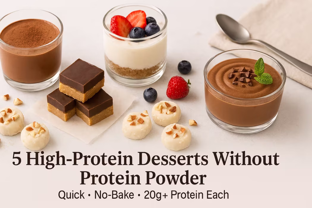 A clean, modern food infographic showing five high-protein desserts without protein powder. On a light surface are glass cups of Greek Yogurt Chocolate Mousse and Chocolate Ricotta Cream, layered Cottage Cheese Berry Cheesecake Cups with fresh strawberries and blueberries, stacked Peanut Butter Chocolate Freezer Fudge squares, and Banana–Almond Yogurt Bites topped with chopped nuts. Text on the graphic reads: “5 High-Protein Desserts Without Protein Powder – Quick · No-Bake · 20g+ Protein Each.”