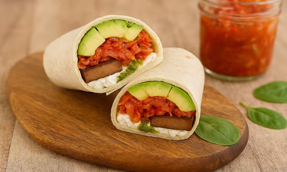 Close-up of a sliced wrap filled with smoked tofu, spicy red kimchi, and creamy avocado inside a soft tortilla, served on a rustic wooden board with a jar of kimchi in the background.