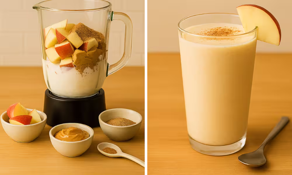 Side-by-side image showing the process and final result of an apple pie kefir smoothie. On the left, a blender jar on a wooden counter filled with plain kefir, chopped apple with skin, peanut butter, oat milk, ground flaxseed, and cinnamon, with small bowls of apple slices, peanut butter, ground flaxseed, and cinnamon in front. On the right, a tall glass of creamy light beige smoothie topped with a dusting of cinnamon and garnished with a thin apple slice, with a small spoon beside it.