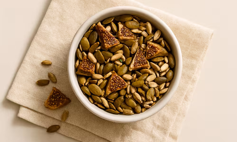 Top view of a white ceramic bowl filled with a mix of pumpkin seeds, almonds, and small triangular pieces of dried fig, placed on a folded beige cloth napkin with a few seeds and fig pieces scattered beside it on a light background.