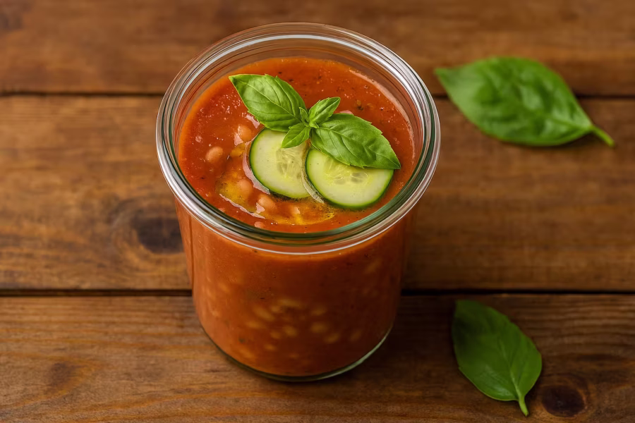 high-protein no-cook white bean tomato basil soup in a jar with basil garnish