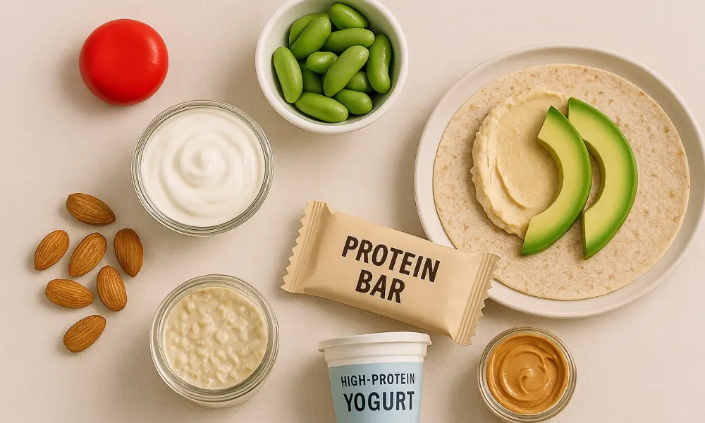 Top-down view of a neatly arranged assortment of no-cook high-protein snacks on a neutral beige surface. Items include a Babybel cheese, chia seed yogurt in a small bowl, a bowl of edamame, a tortilla wrap with hummus and avocado slices, and two glass jars—one with soaked oats and one with peanut butter. Soft natural light emphasizes the textures and colors of each portion.