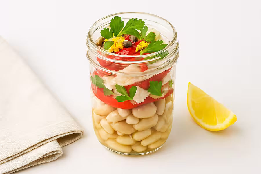 Tuscan turkey and white-bean jar salad with roasted red peppers, parsley, and lemon zest — protein-packed office lunch