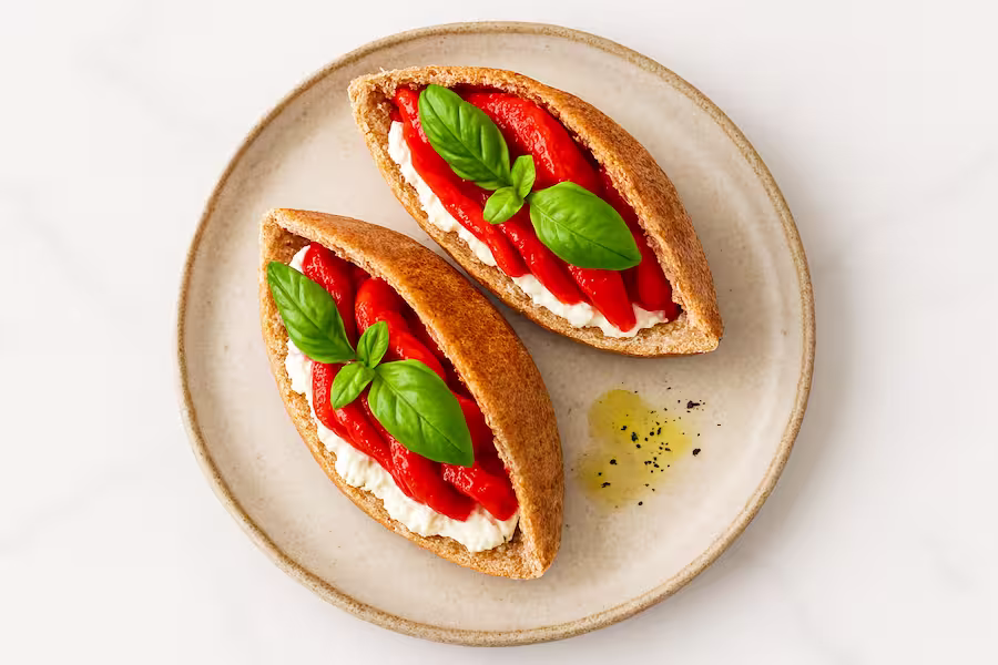 Whole-grain pita pockets stuffed with ricotta cheese, roasted peppers, and basil — no-cook high-protein lunch