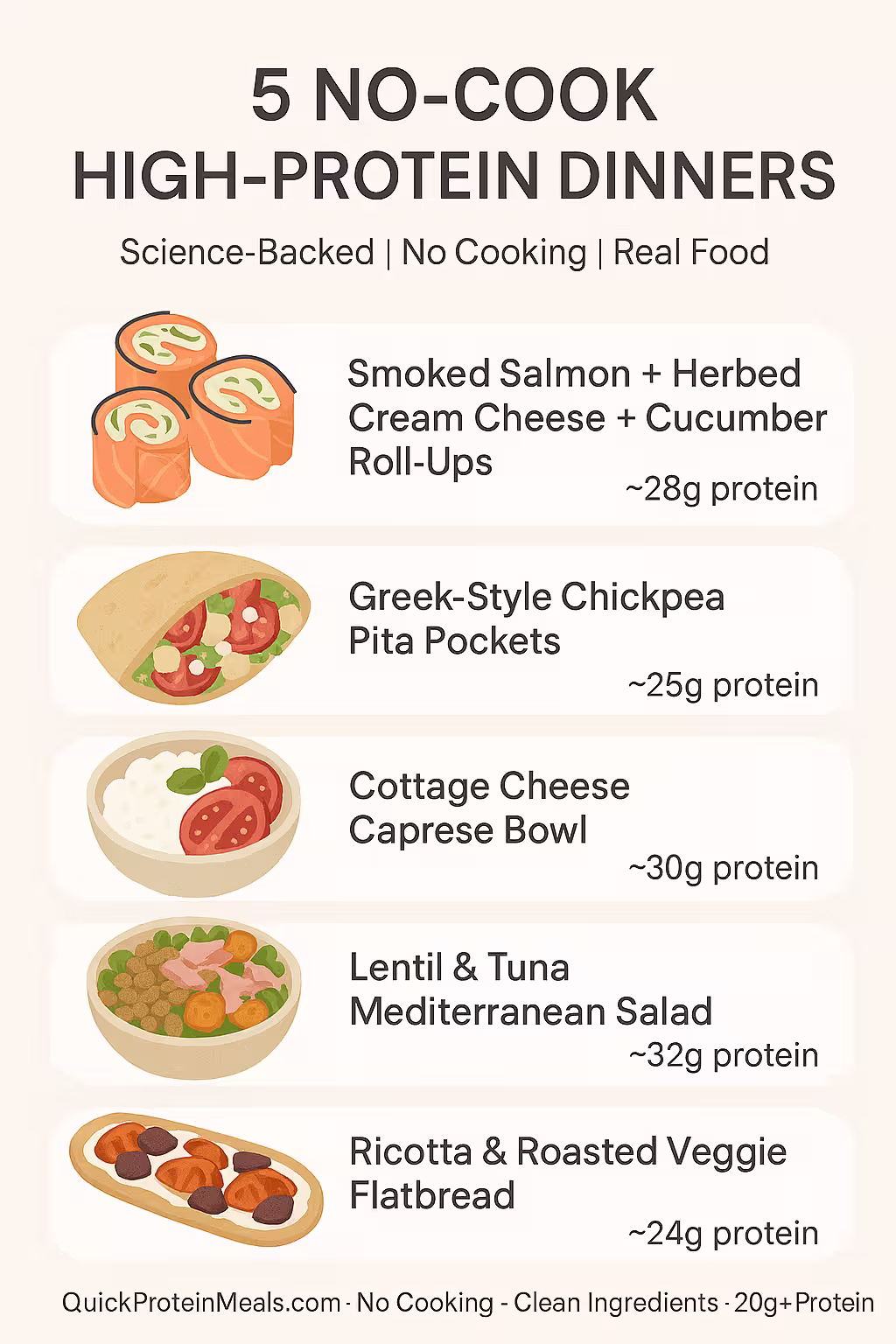Infographic listing five no-cook, high-protein dinner ideas with illustrations and protein counts: Smoked Salmon + Herbed Cream Cheese + Cucumber Roll-Ups (~28g protein) Greek-Style Chickpea Pita Pockets (~25g protein) Cottage Cheese Caprese Bowl (~30g protein) Lentil & Tuna Mediterranean Salad (~32g protein) Ricotta & Roasted Veggie Flatbread (~24g protein). Text at the bottom reads: QuickProteinMeals.com – No Cooking – Clean Ingredients – 20g+ Protein.