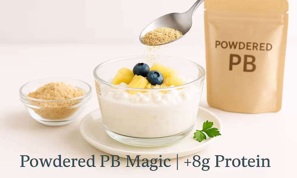 A glass bowl of cottage cheese topped with pineapple chunks and blueberries, sprinkled with powdered peanut butter from a spoon. A small glass bowl of peanut powder and a brown pouch labeled “Powdered PB” are in the background. A parsley garnish sits on the side of the plate. Overlay text reads: “Powdered PB Magic | +8g Protein.”