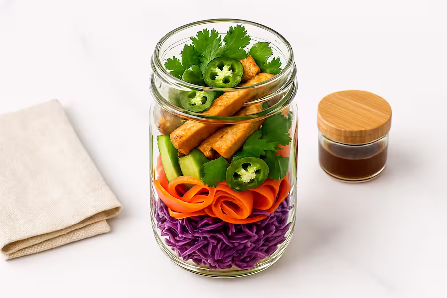 Smoked tofu lunch jar with shredded cabbage, carrots, cucumber, cilantro, and jalapeño — vegan high-protein option