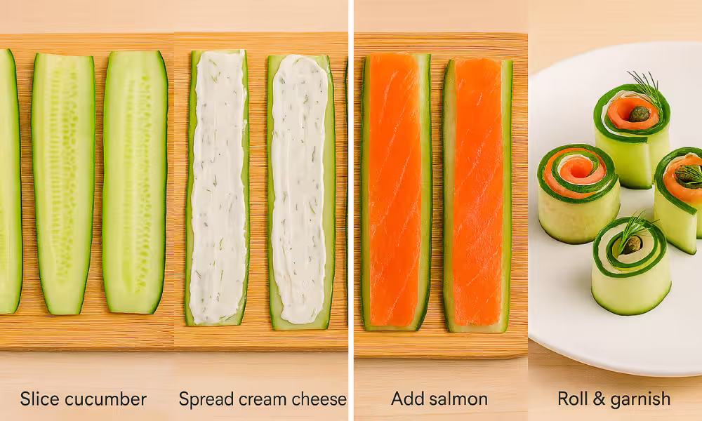  Four-step visual guide showing how to make smoked salmon cucumber roll-ups: first, cucumber slices are laid out; second, herbed cream cheese is spread on them; third, strips of smoked salmon are added; finally, the slices are rolled up and garnished with dill and capers, served on a white plate.