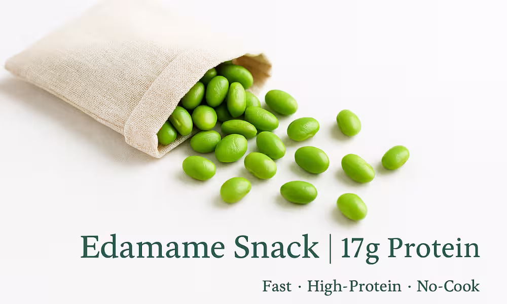Fresh green edamame beans spilling out of a small beige cloth pouch onto a white surface. Overlay text reads: “Edamame Snack | 17g Protein | Fast • High-Protein • No-Cook.”