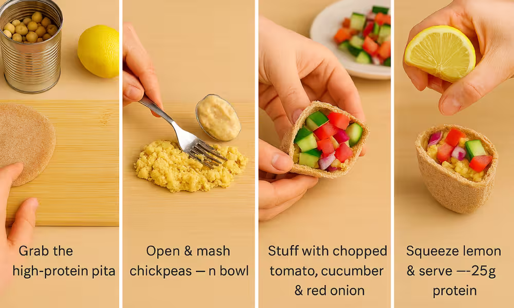 Step-by-step guide to making a high-protein chickpea pita pocket: (1) Grab a pita with canned chickpeas and lemon on a cutting board, (2) mash chickpeas with a fork in a bowl, (3) stuff pita with chopped tomato, cucumber, and red onion, (4) squeeze lemon over the stuffed pita and serve with 25g protein.