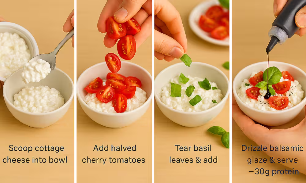 Step-by-step collage showing how to prepare a cottage cheese salad: spooning cottage cheese into a bowl, adding halved cherry tomatoes, tearing fresh basil leaves and adding them, then drizzling balsamic glaze over the salad before serving.