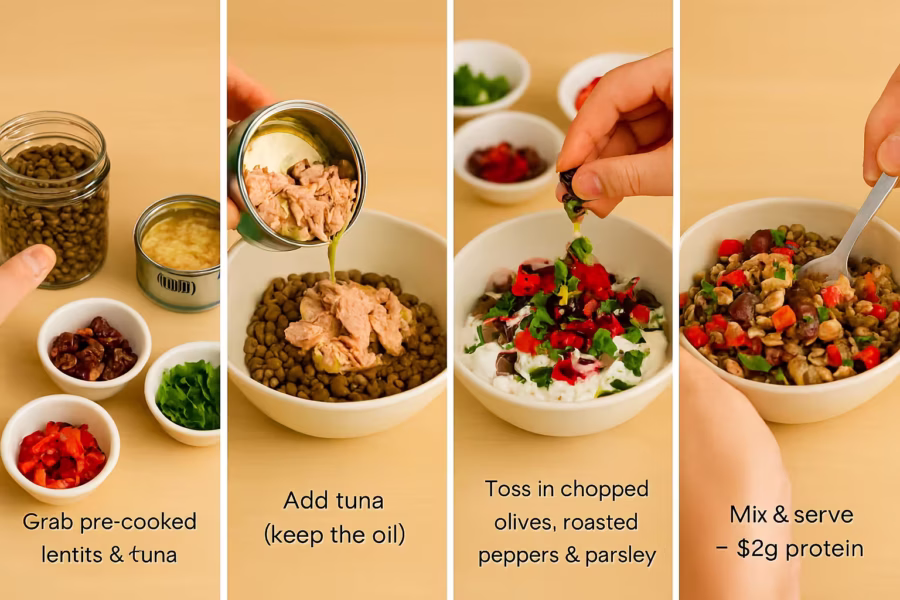 Four-panel photorealistic image showing the preparation of a Lentil & Tuna Mediterranean Salad. Panel 1: A hand points toward a jar of pre-cooked lentils and an open can of tuna in olive oil, with small bowls of chopped olives, roasted red peppers, and parsley nearby. Caption reads “Grab pre-cooked lentils & tuna.” Panel 2: Tuna with olive oil is being poured from the can into a bowl of lentils. Caption reads “Add tuna (keep the oil).” Panel 3: A hand sprinkles chopped olives, roasted red peppers, and parsley into the lentil and tuna mixture. Caption reads “Toss in chopped olives, roasted peppers & parsley.” Panel 4: A hand mixes the salad in a white bowl with a spoon, showing a colorful mix of lentils, tuna, olives, peppers, and parsley. Caption reads “Mix & serve – ~32g protein.”