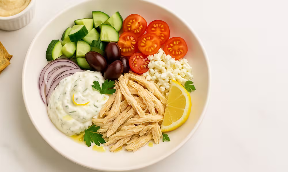 no-cook rotisserie chicken dinners – Mediterranean bowl with tzatziki
