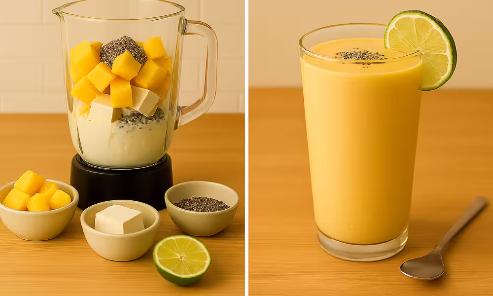 Side-by-side image showing the process and final result of a silken tofu mango–lime smoothie. On the left, a blender jar on a wooden counter filled with soy milk, silken tofu cubes, frozen mango chunks, lime juice, and chia seeds, with small bowls of extra mango, tofu, chia seeds, and a halved lime in front. On the right, a tall glass of creamy golden-yellow smoothie topped with chia seeds and garnished with a lime slice, with a small spoon beside it.