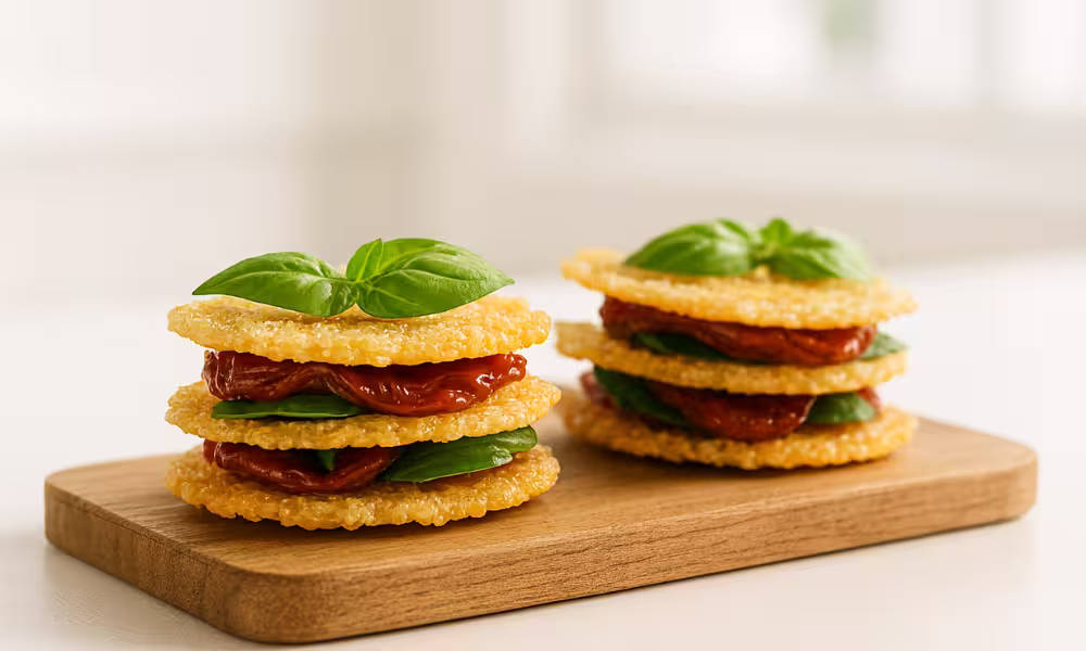 Two neatly stacked appetizers made of golden parmesan crisps layered with fresh basil leaves and sun-dried tomatoes, arranged on a small wooden serving board against a light, blurred background.