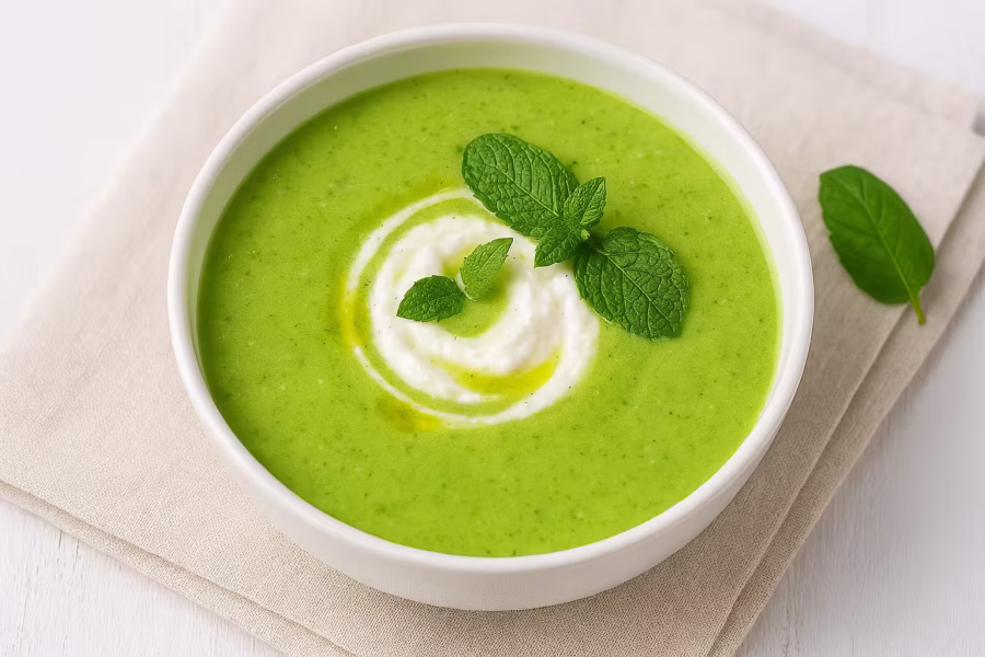 high-protein no-cook chilled pea mint soup with ricotta swirl