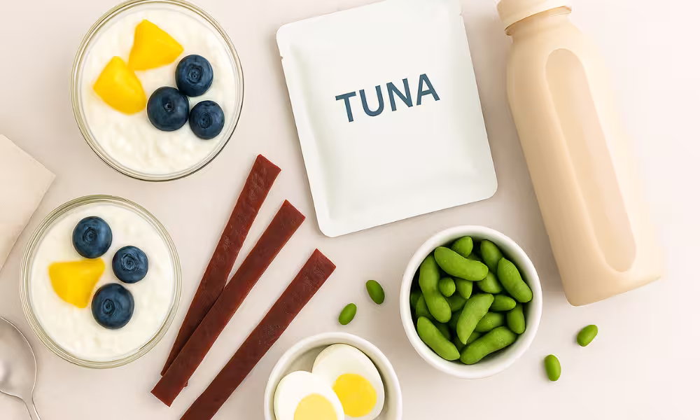 “Flatlay of high-protein no-cook snacks including Greek yogurt cups with berries, a tuna pouch, jerky sticks, roasted edamame in a bowl, hard-boiled eggs, and a ready-to-drink protein shake bottle on a light kitchen counter.”