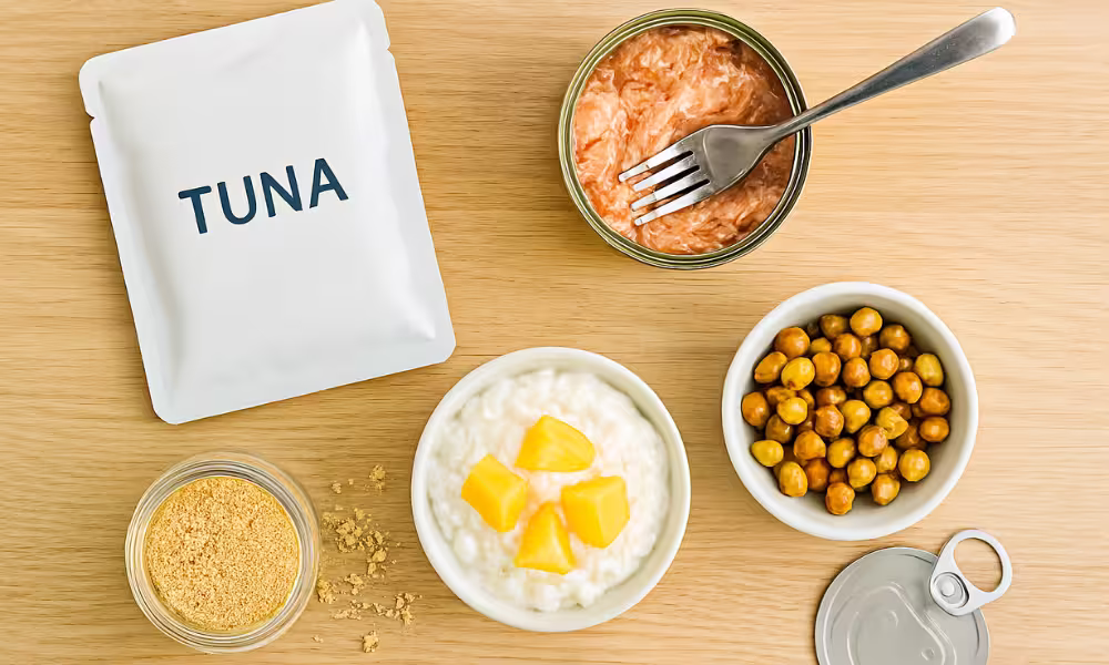 “Flatlay of pantry protein foods: tuna pouch, salmon can with fork, powdered peanut butter jar, and roasted chickpeas in bowls.”