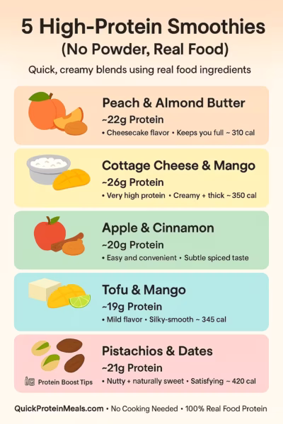 "Infographic showing 5 high-protein smoothies without protein powder — Peach Almond, Tropical Cottage Lassi, Apple Pie Kefir, Silken Tofu Mango-Lime, and Pistachio Date Cardamom — each with over 20g protein from real food ingredients, plus protein boost tips."