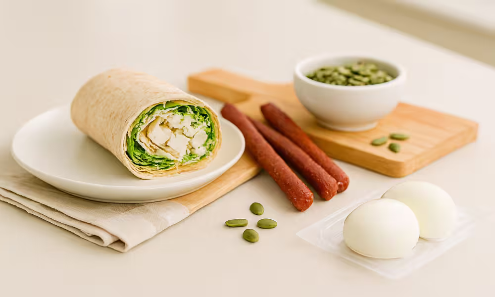 “Protein-rich ready-to-eat snacks: a wrap on a plate, jerky sticks, pumpkin seeds in a bowl, and packaged hard-boiled eggs on a counter.”