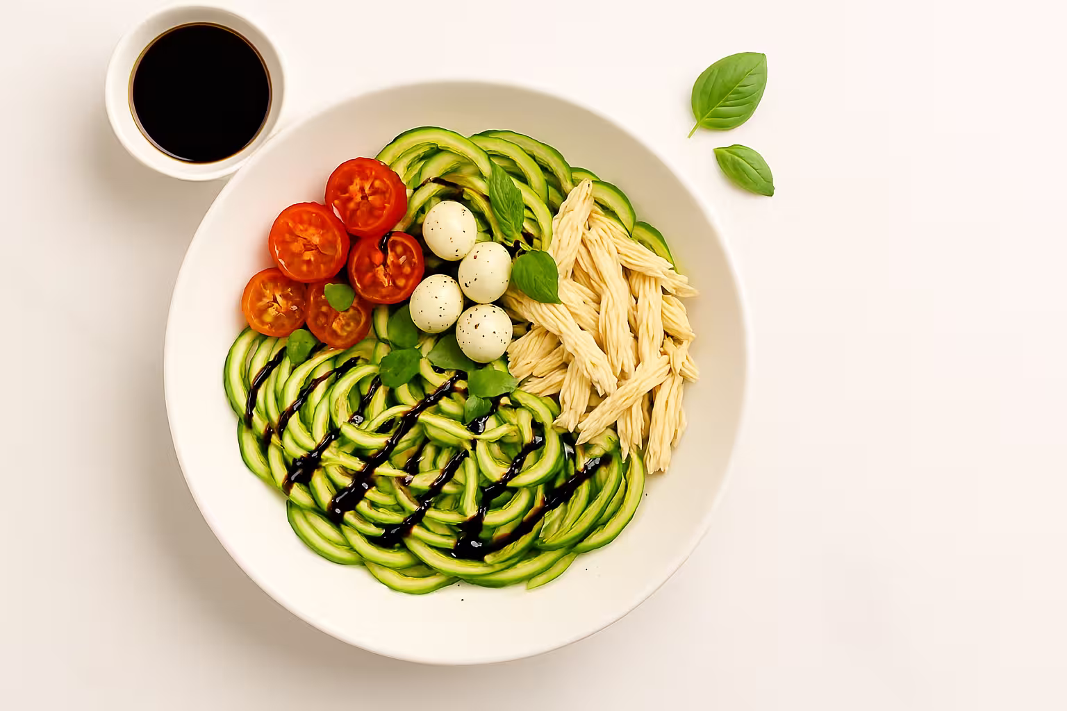 “Caprese zoodle bowl with shredded chicken, cherry tomatoes, mozzarella pearls, torn basil, and balsamic glaze on white marble.”