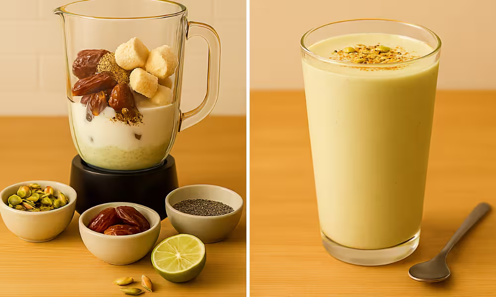 Side-by-side image showing the process and final result of a pistachio–date cardamom shake. On the left, a blender jar on a wooden counter with pistachio cream at the base, topped with pitted dates, cardamom, frozen banana, and milk, with small bowls of pistachios, dates, and cardamom pods in front. On the right, a tall glass of creamy light green shake topped with chopped pistachios and a sprinkle of cardamom powder, with a small spoon beside it