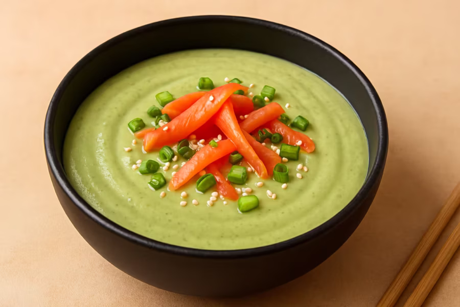 smoked salmon avocado soup with sesame and green onion
