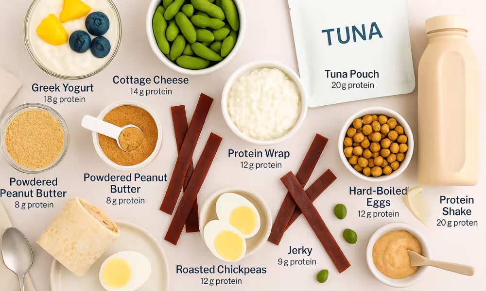 “Infographic flatlay of 10 high-protein no-cook snacks with labels: Greek yogurt (18g protein), cottage cheese (14g protein), tuna pouch (20g protein), roasted edamame (17g protein), powdered peanut butter (8g protein), protein wrap (12g protein), jerky sticks (9g protein), hard-boiled eggs (12g protein), roasted chickpeas (12g protein), and a ready-to-drink protein shake (20g protein) on a light kitchen counter.”