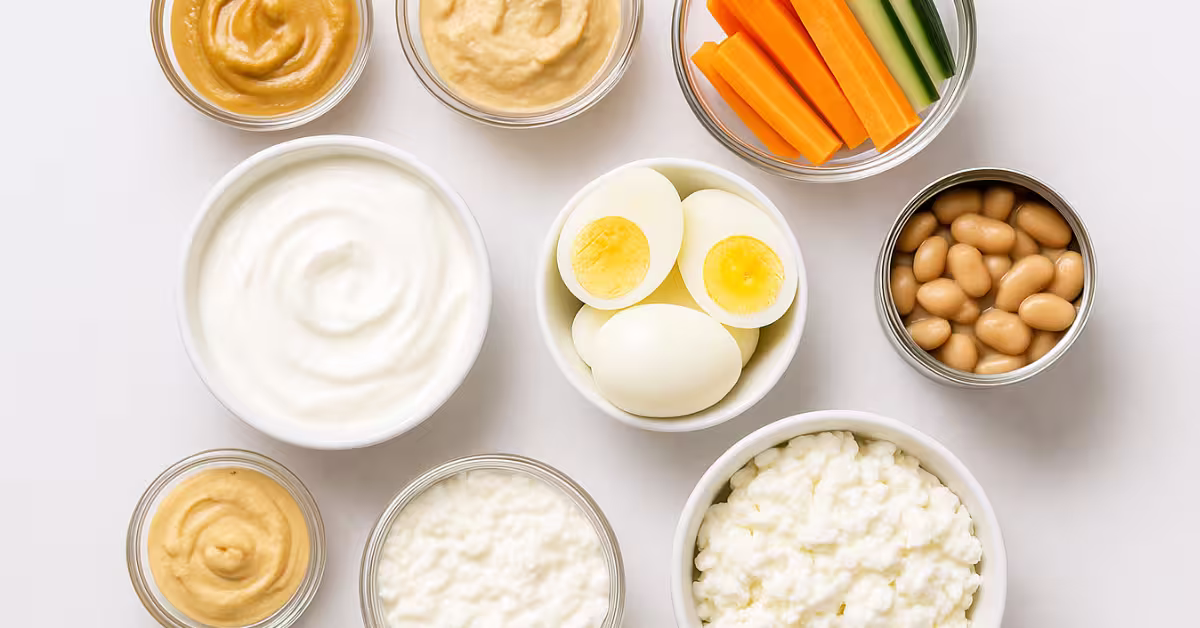 Flat lay of no-cook high-protein foods including Greek yogurt, cottage cheese, sliced vegetables, boiled eggs, hummus, canned beans, and nut butter on a white kitchen countertop.