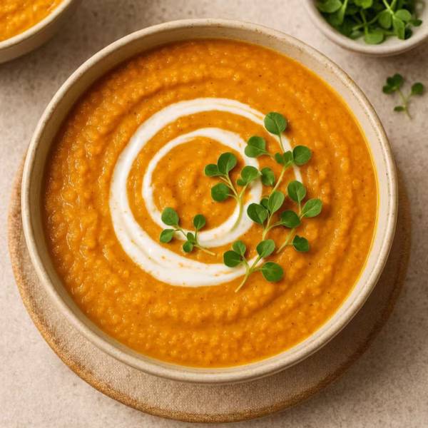 high-protein no-cook lentil carrot ginger soup with yogurt topping