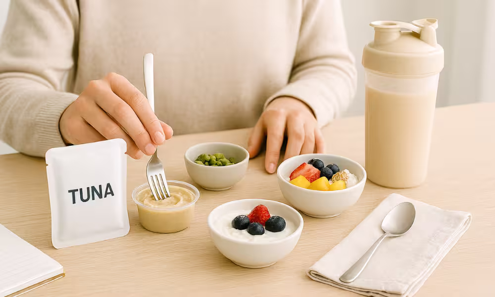 “Person at a kitchen table eating high-protein no-cook snacks including a tuna pouch, Greek yogurt with berries, cottage cheese with fruit, roasted edamame, and a protein shake bottle, captured in natural daylight.”