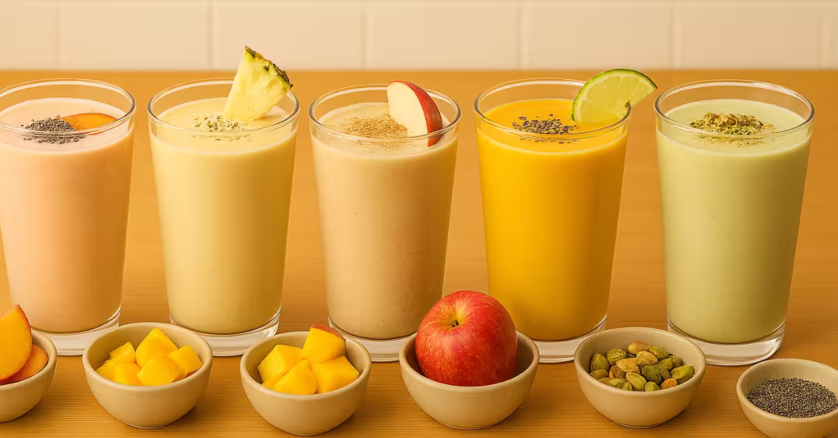 Horizontal featured image showing five tall glasses of different high-protein smoothies made without protein powder, arranged in a row on a wooden kitchen counter. From left to right: creamy pale peach smoothie topped with chia seeds and a peach slice, pale yellow lassi topped with hemp seeds and a pineapple wedge, light beige smoothie dusted with cinnamon and garnished with an apple slice, vibrant golden-yellow smoothie topped with chia seeds and a lime slice, and light pistachio-green shake topped with chopped pistachios and cardamom. Small bowls of fresh fruit, chia seeds, and pistachios are scattered around, lit with natural daylight.