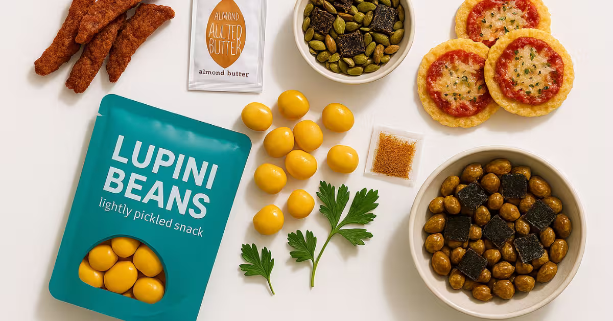 "Five no-fridge high-protein snacks including seitan chili-lime strips with almond butter, pepita-fig-sunflower mix, parmesan crisp pizza stacks, lupini beans with spice packet, and edamame-seaweed scoops — QuickProteinMeals.com"