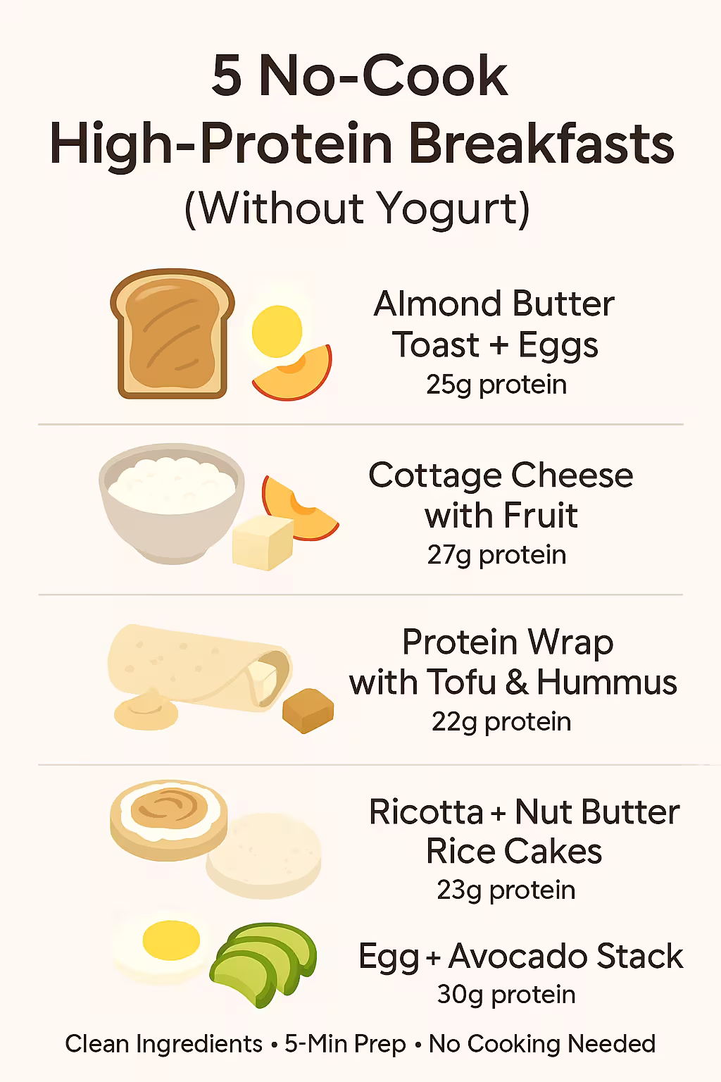 Infographic of 5 no-cook high-protein breakfasts without yogurt, featuring almond butter toast, cottage cheese with fruit, tofu hummus wrap, ricotta rice cakes, and egg avocado stack