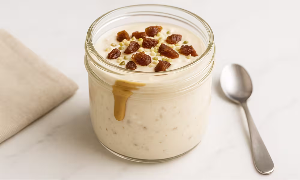 Back-to-school high-protein breakfast jar made with quark, tahini, chopped dates, and hemp seeds, served in a glass jar on marble.