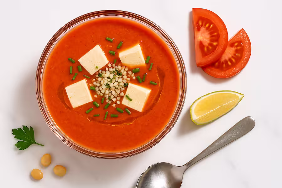 “High-protein cold soup — silken-tofu tomato gazpacho with hemp hearts and chives.”